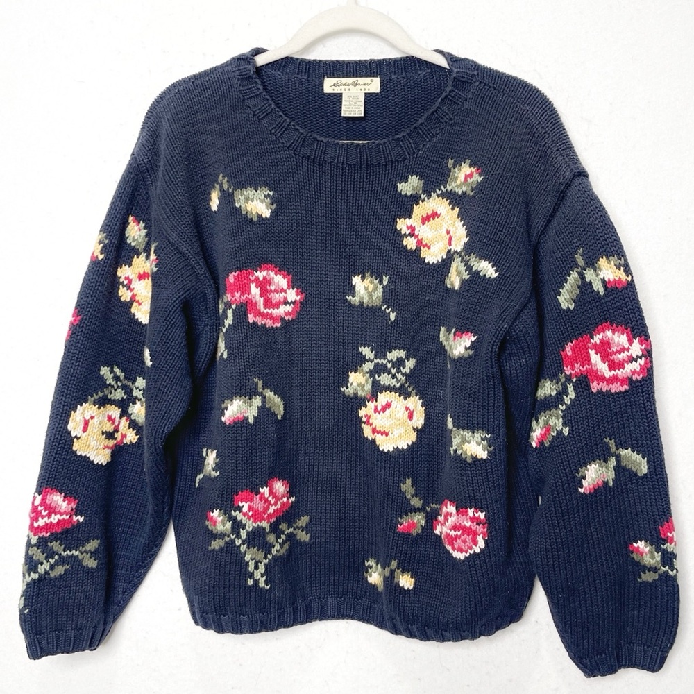 Eddie Bauer Vintage Floral Needlepoint Knit Sweater 100% Cotton 90s Size Large